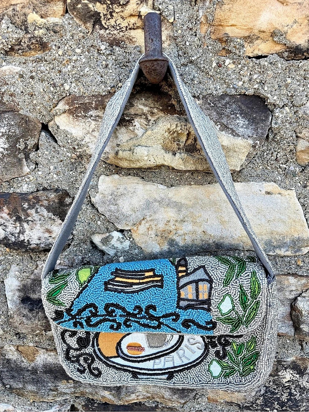 Beaded Shoulder Bag in Blue & Silver Like New Paris Purse